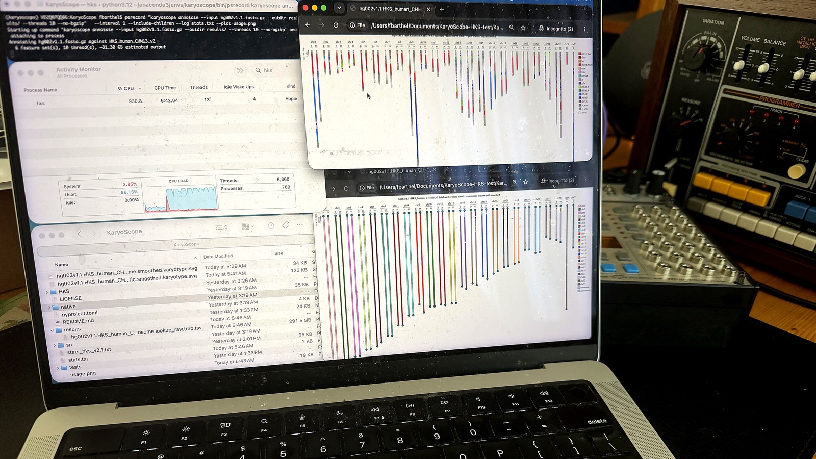 MacBook laptop showing KaryoScope actively running alongside the final output karyotype plots